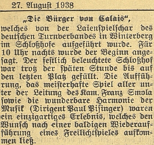 Na nádvoří vimperského zámku se za hudebního doprovodu, který řídil, konalo ve vypjatých srpnových dnech roku 1938 ochotnické představení místních turnerů pod širým nebem, nazvané "Die Bürger von Calais", tj. "občané z Calais"