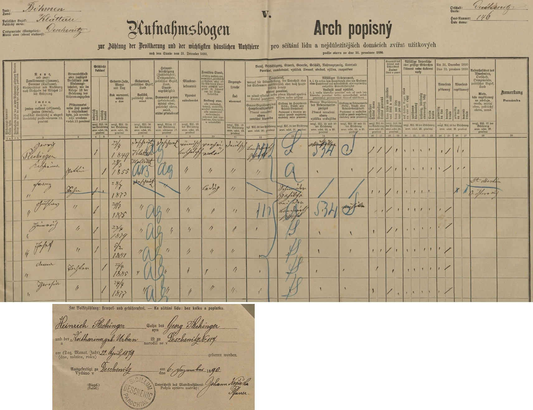 Arch sčítání lidu z roku 1890 pro dům čp. 146 v Dešenicích s rodinou Plechingerovou včetně lístku s podrobným záznamem o něm