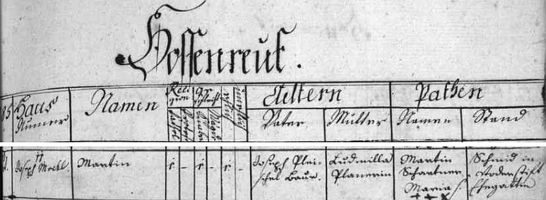 Záznam o jeho křtu 11. října 1787 v Horní Plané poté, co se 10 t.m. narodil v blízkém Jenišově (Hossenreut) rolníku Josephu Pleischlovi a jeho ženě Ludmille, roz. Plonerové (zde psáno "Planerin")