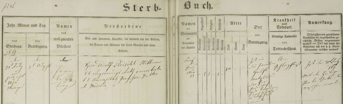 Záznam o jeho úmrtí v knize zemřelých dolnorakouské farní obce Haidershofen