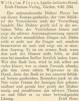 Recenze jeho knihy "Spieler in Gottes Hand" na stránkách krajanského
měsíčníku z února roku 1952, jejímž autorem byl Erich Hans