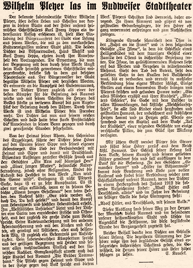 ... a referát o akci, podle nějž "poctili ji v městském divadle svou přítomností i Karl Franz Leppa a Hans Watzlik")