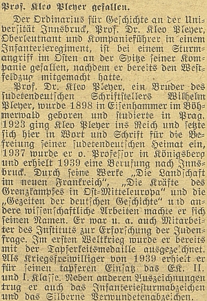 Zpráva o jeho úmrtí na stránkách německého listu v protektorátních Českých Budějovicích