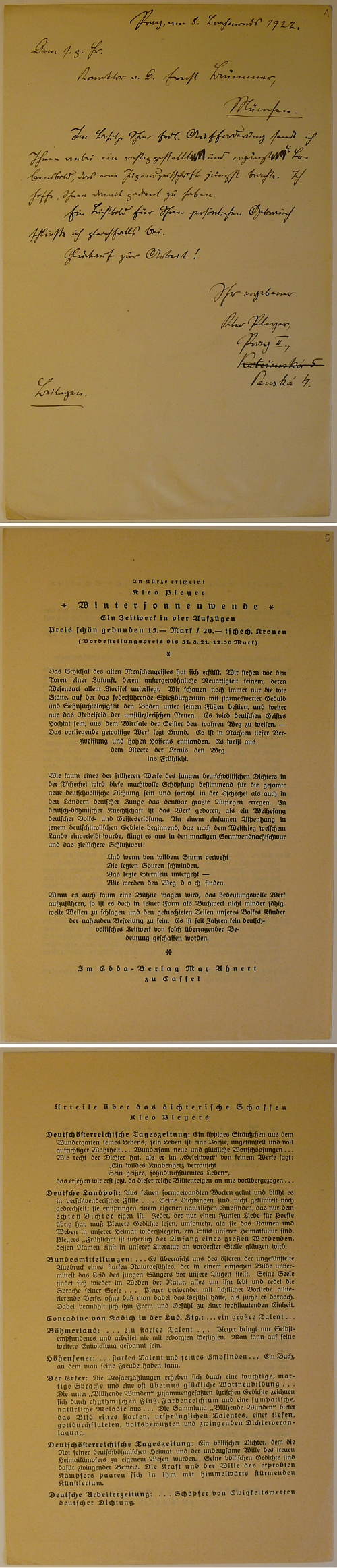 Jeho dopis lexikografovi Franzi Brünnerovi (1836-1923), psaný v Praze roku 1922 a doprovázený referencemi o Pleyerově vstupu do literatury