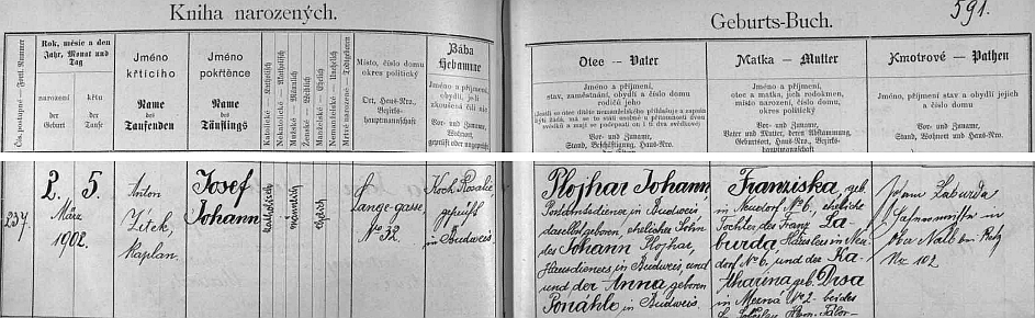 Podle německého záznamu (vedle všech českých kolem) o jeho narození v českobudějovické matrice byl otec Johann Plojhar poštovním posluhou a synem domovního posluhy Johanna Plojhara v Budějovicích (babička z otcovy strany byla roz. Ponáhlo), matka Franziska, roz. Laburdová, pocházela z Nové Vsi (babička z matčiny strany roz. Drsa/!/, byla z Mezné u Soběslavi), svědek Laburda přijel z rakouského Ober Nalb u Retzu