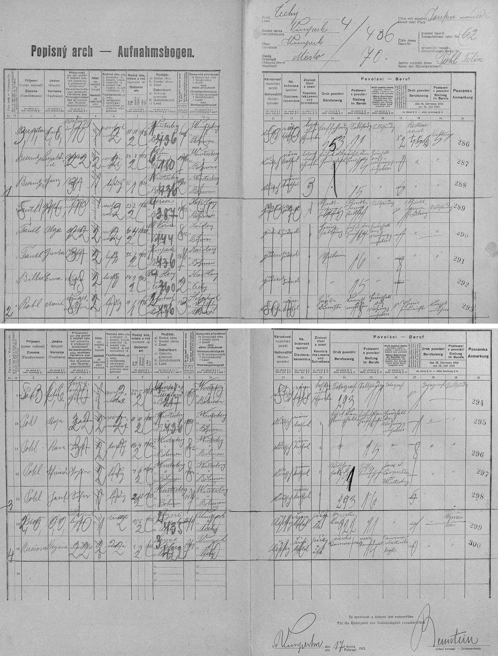 Arch sčítání lidu z roku 1921 pro dům čp. 62 ve Vimperku