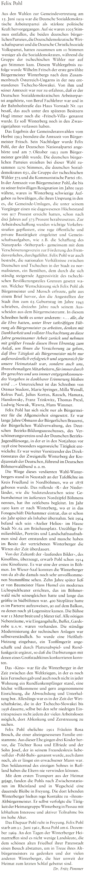 Obsáhlý text Fritze Pimmera o něm v krajanské pamětní knize