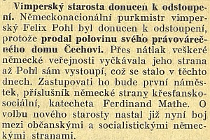 Článek v píseckých novinách o jeho odstoupení z funkce vimperského starosty zmiňuje i Ferdinanda Mathe