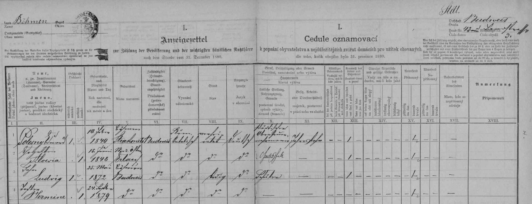 Arch sčítání lidu z roku 1880 pro byt č. 3 v domě čp. 135 (čp. 42 v Krajinské ulici /Landstraße/ s rodinou Polesnych včetně "našeho" Ludwiga "mladšího"