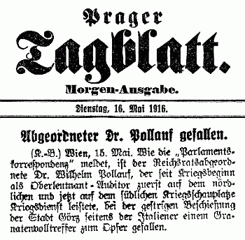 Takto referoval o Pollaufově úmrtí věhlasný "Prager Tagblatt"