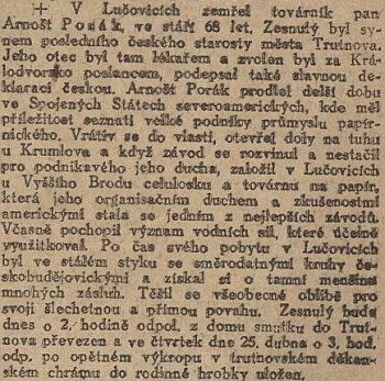 Zpráva o smrti otcově v Národních listech, kde je zmíněn i Eugenův děd, "poslední český starosta" města Trutnova