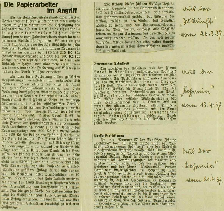 Vlepené výstřižky z denního tisku referují na stránkách obecní kroniky Krásných Polí o boji papírenských dělníků Porákovy firmy za udržení mezd v roce 1937