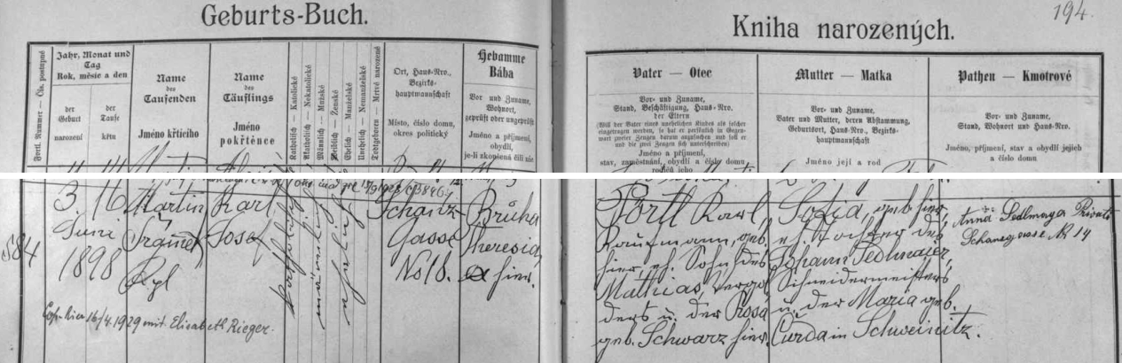 Narodil se podle tohoto matričního záznamu v Hradební ulici čp. 18 obchodníku Karlu Pörtlovi a jeho ženě Sofii (Žofii), dceři zdejšího krejčovského mistra Johanna Sedlmaiera a jeho manželky Marie, roz. Čurdové z Trhových Svinů (Schweinitz) - z jiných pramenů víme, že otec Karl starší zemřel 22. září 1936 v českobudějovickém sanatoriu Dr. Říhy a matka Žofie 11. února 1945 rovněž zde v Českých Budějovicích