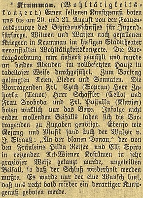 Zpráva o dobročinném koncertu ve prospěch vdov a sirotků po padlých vojácích, který se konal v Krumlově 20. a 21. srpna 1918 i za jejího klavírního doprovodu