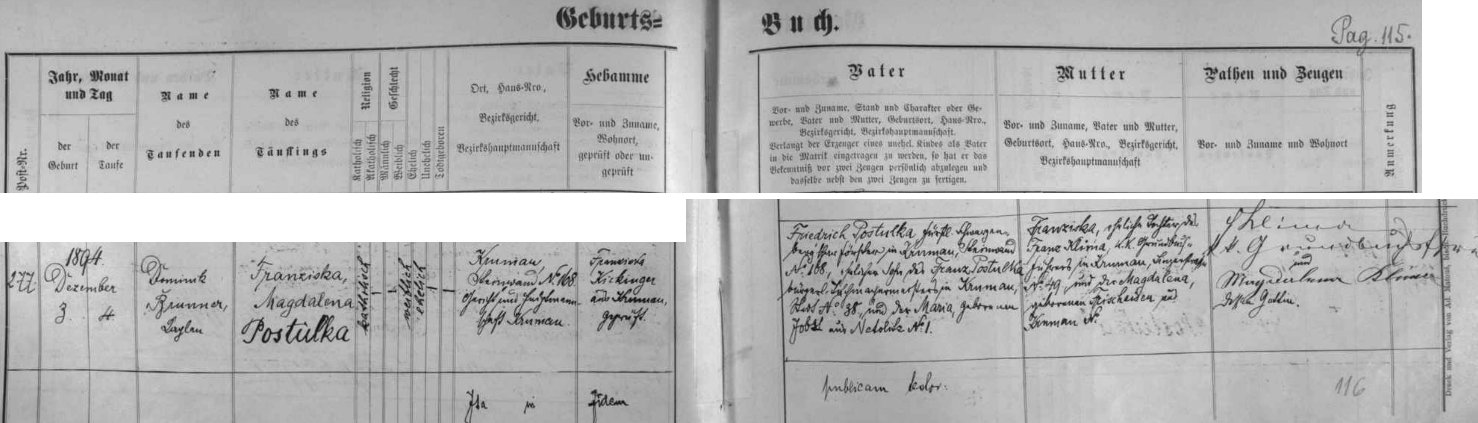 Německý záznam o jejím narození a křtu ve českobudějovické matrice