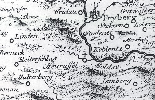 Frymburk na mapě Johanna Christopha Müllera (1673-1721),
vydané s vročením 1720 v roce 1723