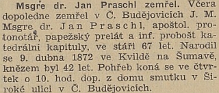 Zpráva o jeho úmrtí v českobudějovickém protektorátním tisku