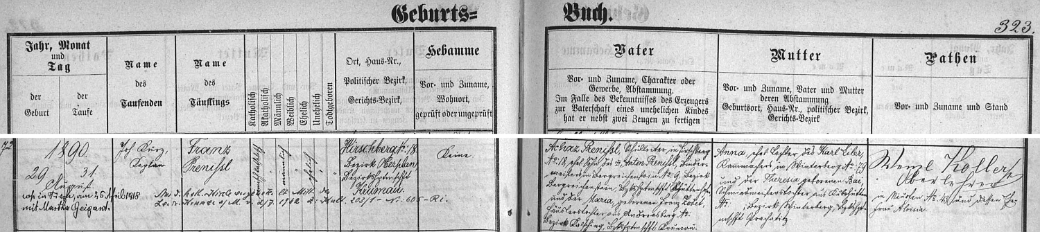 Záznam želnavské křestní matriky o narození Franze Prenissla v Hiršperkách s přípisem o jeho svatbě ve Ktiši s Marthou Geigantovou a o vystoupení z církve roku 1942 v "Krummau an der Moldau"