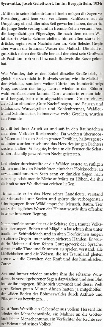 Jiná verze jeho oslavného textu na Hanse Watzlika