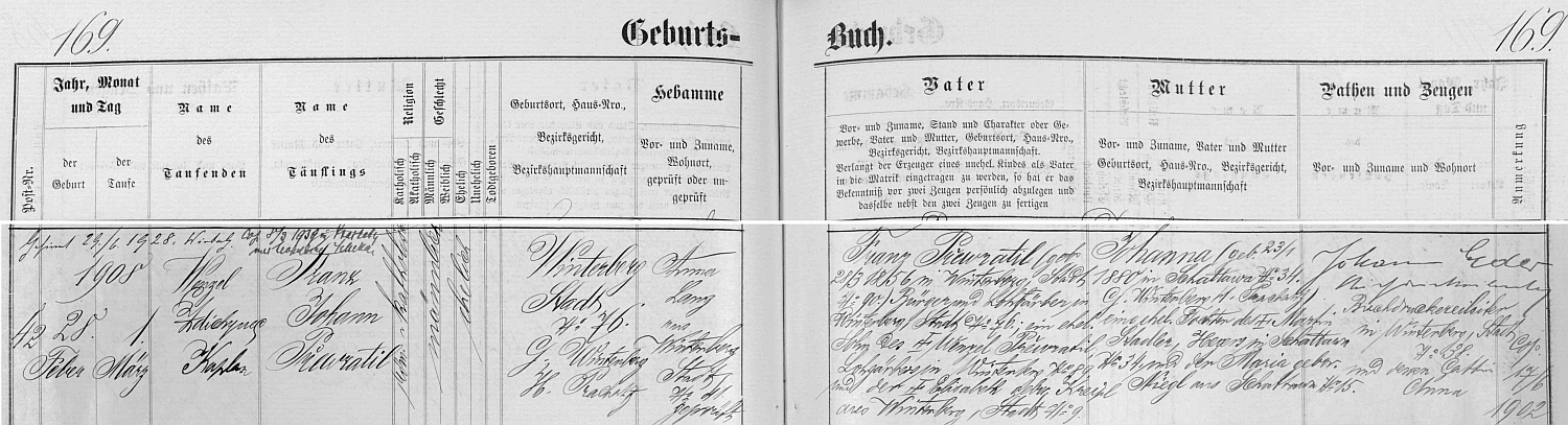 Záznam o jeho narození ve vimperské matrice