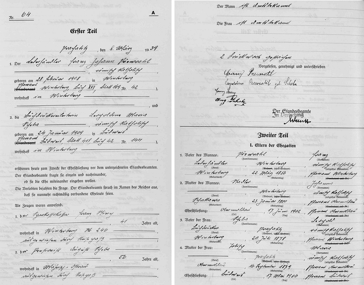 Záznam o svatbě v prachatické stavovské matrice