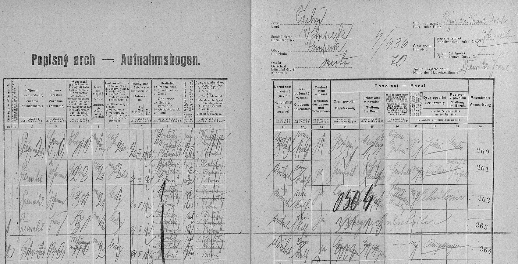 Arch sčítání lidu z roku 1921 pro vimperský dům čp. 76