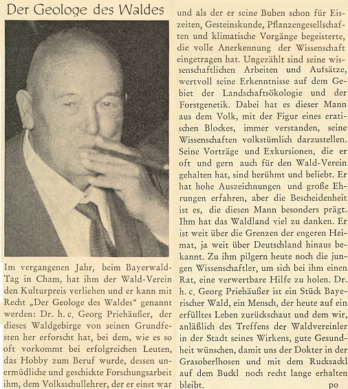 Článek k udělení kulturní ceny a čestného titulu "geolog Bavorského lesa" v časopise bavorského Wald-Vereinu