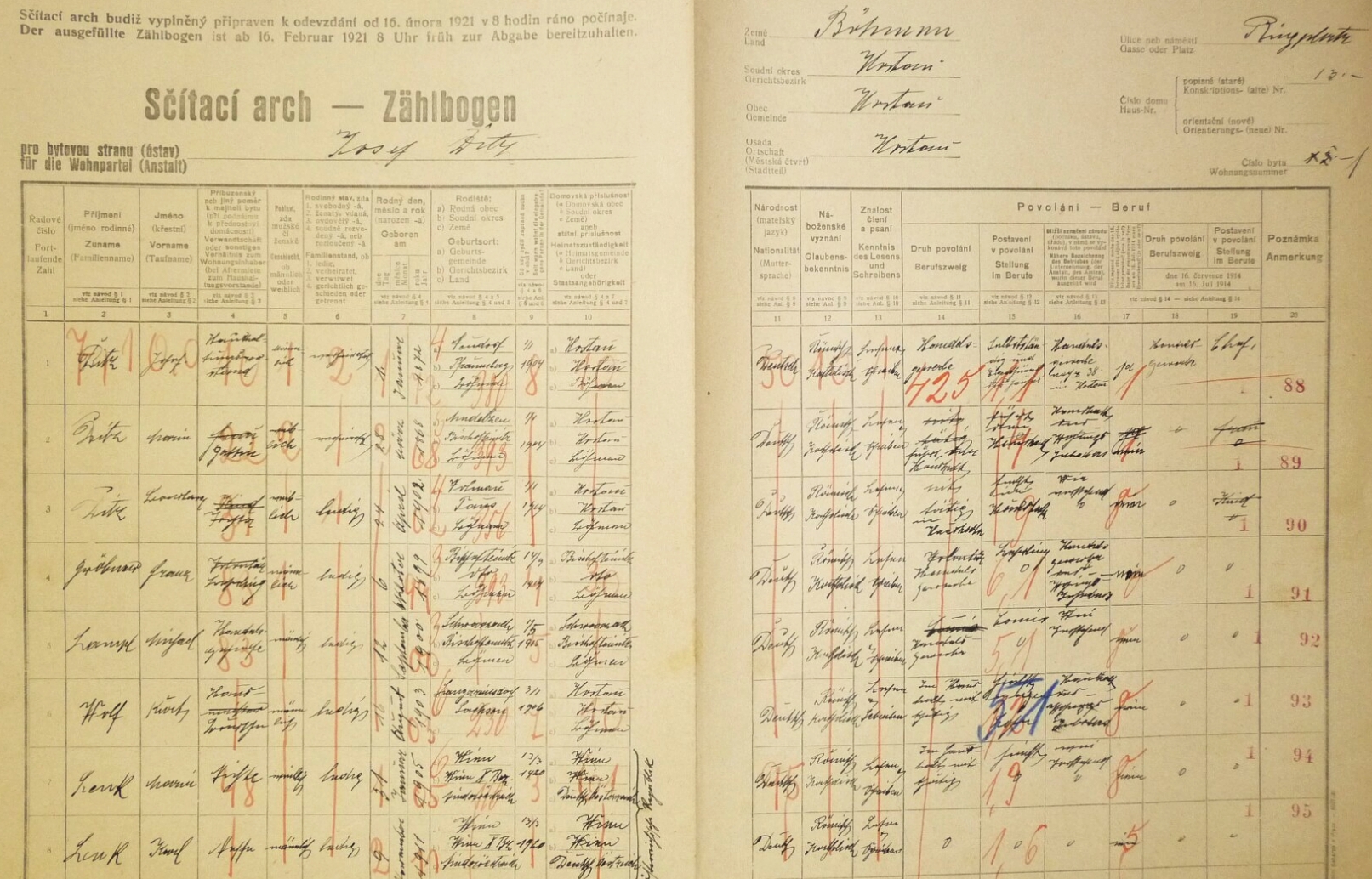 Arch sčítání lidu z roku 1921 pro dům čp. 13 v Hostouni s rodinou Josefa a Marie Ditzových, a to i s dcerou Barbarou, která tu má ovšem datum narození 24. dubna 1902, tedy jiné než na záznamu českobudějovické oddací matriky