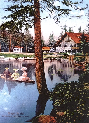 Ještě jedna stará pohlednice s Javorským jezerem a jeho zpodobení na poháru ze zeleného skla, zvaného "grünes Beinglas" (Uranglas annagrün)
