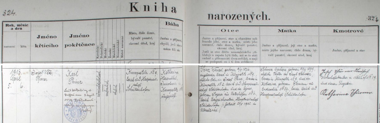 Německý zápis v jinak česky kolem vedené albrechtické křestní matrice vypovídá o jeho narození v Humpolci (Kumpatitz) čp. 9 dne 5. dubna 1913 a křtu v Albrechticích den nato (obřad konal farář Josef Vlk) - chlapcův otec Wenzel Prinz, narozený 2. září 1876 a uvedený tu jako "nastávající hospodář" na rodném stavení chlapcově, byl synem hospodáře z Humpolce čp. 2 Josefa Prinze a jeho ženy Agnes, roz. Sogererové z Dolních Dvorců (Unterhöfen) čp. 6, matka Barbara, narozená v Humpolci 27. září 1879, byla dcerou zdejšího rolníka Jacoba Schwarze, hospodařícího až dosud na rodném stavení chlapcově čp. 9 se svou ženou Katharinou, roz. Semannovou z Bohdašic (Budaschitz) čp. 27 (dnes jsou Bohdašice jen částí obce Dlouhá Ves) - zápis uvádí i datum svatby rodičů ve farním kostele apoštolů Petra a Pavla v Albrechticích (Albrechtsried) dne 23. května roku 1905