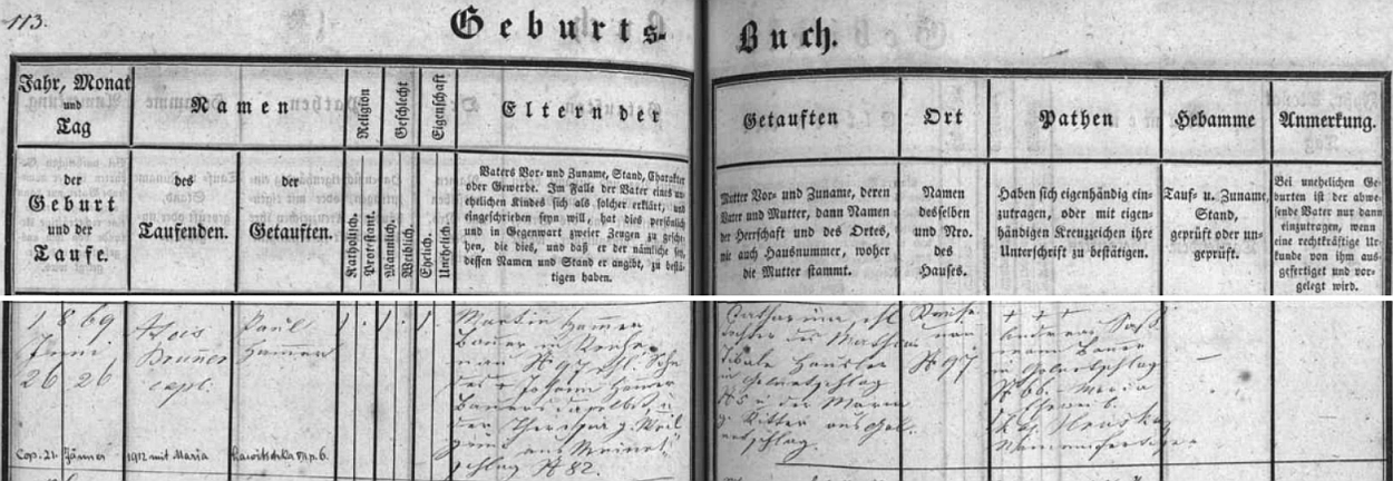 Záznam o narození matčina otce Paula Hammera v křestní matrice farní obce Rychnov u Nových Hradů, kde přišel na svět 26. června 1869 ve stavení čp. 97, s pozdějším přípisem o jeho zdejší svatbě 21. ledna roku 1912 s Marií, roz. Lawitschkovou