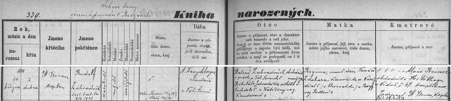 Český záznam trhovosvinenské křestní matriky o narození jejího bratra Rudolfa