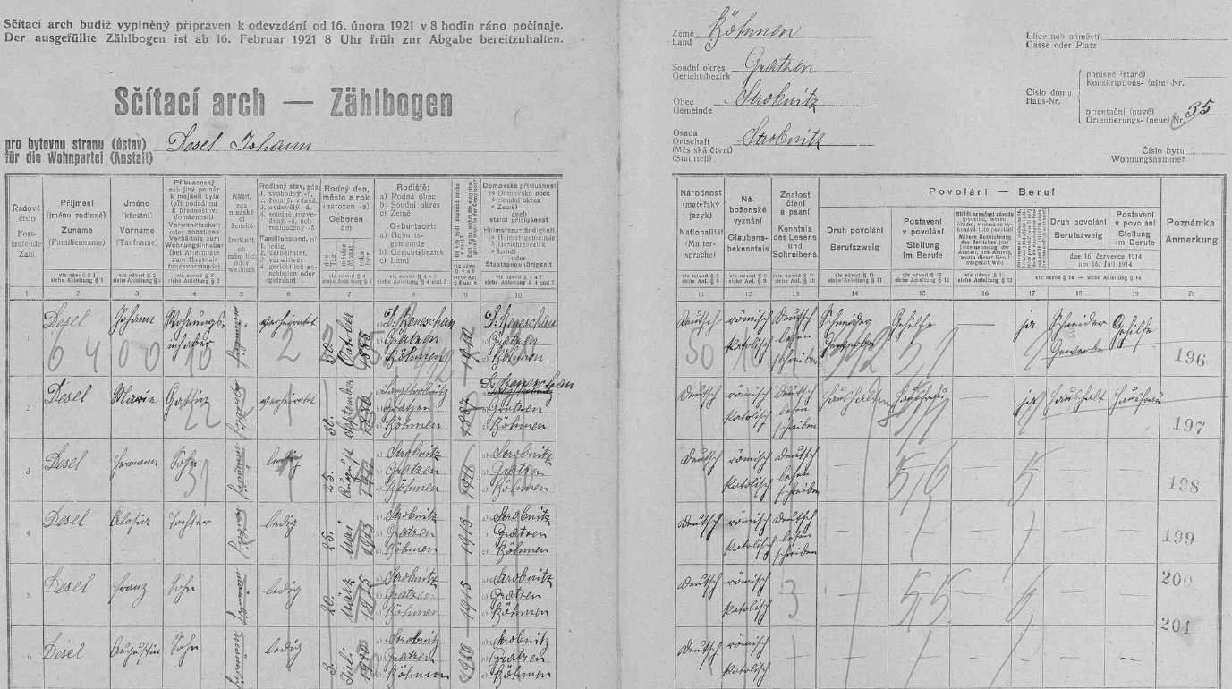 Arch sčítání lidu z roku 1921, kdy ještě nebyla na světě, pro dům čp. 35 v Horní Stropnici s rodinou Deselovou