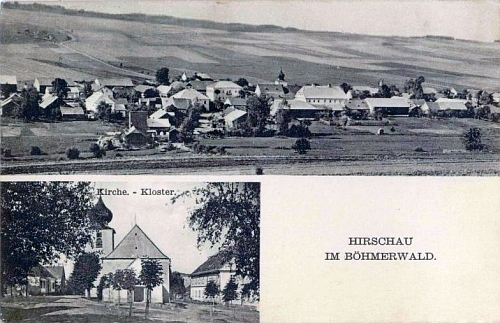 Dvě staré pohlednice z Hyršova "am Böhmerwald" - na obou je zachycen i kostel a klášter