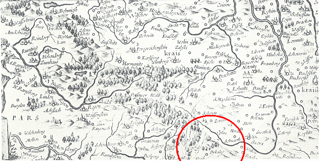 Amsterodamská Blaeuova mapa Čech z roku 1634, kde je dole pod Horní Planou (Oplan) vedle sebe "Drkalno" a "Slagel" (výřez)
