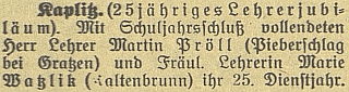 Ještě v roce 1925 připománá českobudějovický německý deník 25 let jeho učitelského působení (spolu s Marií Watzlikovou)