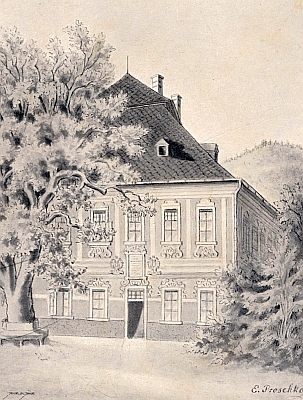 Rodný dům v areálu vyšebrodského kláštera na kresbě jeho dcery Emilie...