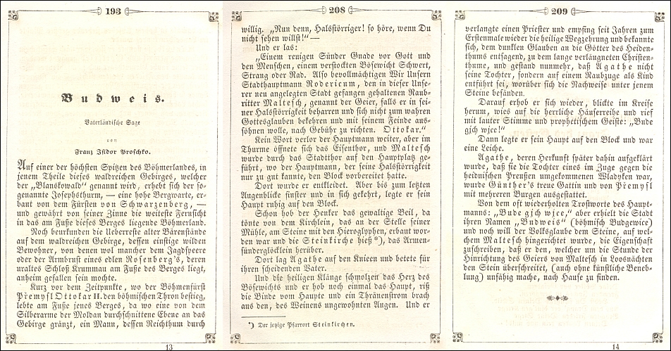 Počátek a závěr jeho zpracování pověsti o původu místního jména Budějovice v almanachu Libussa na rok 1846