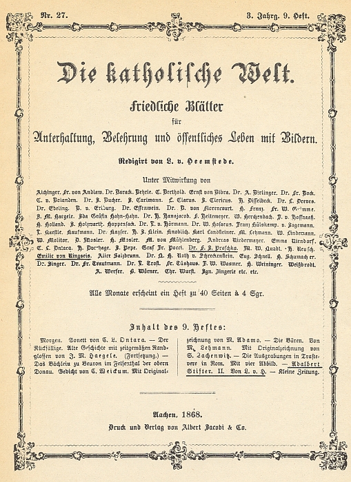 Obálka (1868) časopisu "Die katholische Welt", který vycházel v Cáchách a jehož byla stejně jako její otec spolupracovnicí - řídil ho Leo van Heemstede