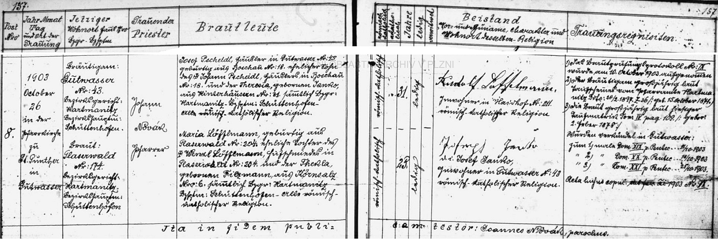 Záznam oddací matriky farní obce Dobrá Voda u Hartmanic o zdejší svatbě Josefa a Marie Pscheidlových necelý rok před jeho narozením dne 26. října roku 1903 v kostele sv. Vintíře - jedenatřicetiletý ženich Josef Pscheidl, domkář ze zdejšího stavení čp. 45, se narodil ve zcela dnes zaniklé samotě Bošov (Boschau) čp. 18 jako syn Johanna Pscheidla a Theresie, roz. Janko ze zaniklých dnes rovněž Zadních Chalup (Hinterhäusern) čp. 31, pětadvacetiletá nevěsta Maria Löfflmannová se narodila v také dnes zcela zaniklé osadě Skelná (Glaserwald) čp. 204 jako dcera tamního podkováře Wenzla Löfflmanna a jeho ženy Thekly, roz. Filzmannové z Krušce (Körnsalz) čp. 6