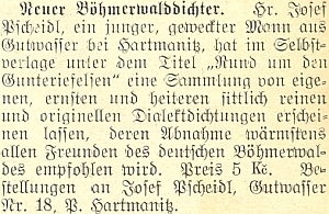 O něm jako "novém šumavském básníkovi" na stránkách meziválečného
německého listu českobudějovického biskupství