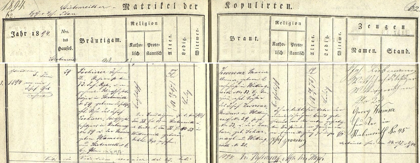 Dva záznamy tachovské oddací matriky o svatbách na stavení čp. 59 ve Ctiboři, kde si 26. srpna 1890 bral dvaatřicetiletý syn majitele usedlosti Georg Pschierer, narozený tu dne 7. ledna 1858 (jeho otec Josef Pschierer hospodařil na stavení čp. 59 s Marií, roz. Wamserovou ze Ctiboře čp. 6) pětadvacetiletou Marii Annu Schmidovou, narozenou ve Ctiboři 15. března 1865 jako dcera Johanna Schmida, majitele usedlosti čp. 9 a Anny, roz. Rawitzerové ze Ctiboře čp. 55, dne 5. června 1894 pak se tu sedmadvacetiletý tehdy Georgův bratr Johann, "reservista 73. pěšího pluku" a nastávající majitel otcovy usedlosti ve Ctiboři čp. 59, žení s devatenáctiletou Marií Annou Zwerenzovou z Vítkova čp. 33(zde ovšem psáno "aus Wittingreith Nro. 33", Vítkov je přitom dnes jen částí města Tachov), narozenou tu 29. ledna 1875 jako dcera zedníka Josefa Zwerenze z Vítkova čp. 29, nyní čp. 33, a Barbary, roz. Scharnaglové z Vítkova čp. 20