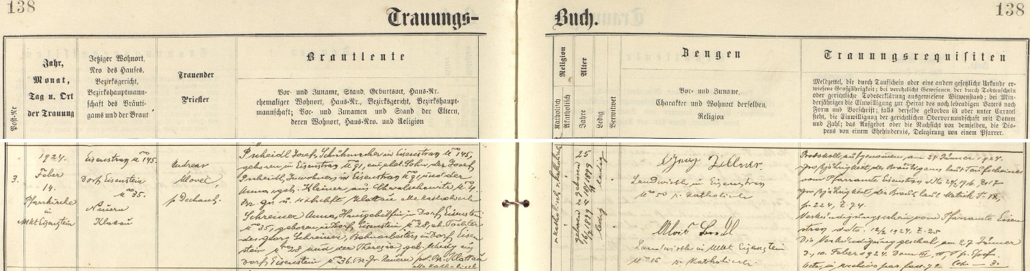 Záznam železnorudské oddací matriky o svatbě jeho rodičů ve zdejším farním kostele Panny Marie Pomocnice z Hvězdy dne 14. února roku 1924 - oddávajícím knězem byl děkan Andreas Úlovec, ženich Josef Pscheidl, švec v Hojsově Stráži čp. 145, narozený v Hojsově Stráži čp. 91 dne 18. listopadu 1899, byl synem Josefa Pscheidla, podruha v Hojsově Stráži čp. 91, a Anny, roz. Kleinerové z Chvalšovic (dnes část městyse Čachrov) čp. 4, nevěsta Anna, pomocnice v domácnosti v Železné Rudě čp. 35, narodila se v Železné Rudě čp. 28 dne 16. července 1899 jako dcera Georga Schreinera, železničního dělníka bytem v Železné Rudě čp. 28 a Theresie, roz. Wudyové ze Železné Rudy čp. 36