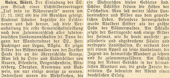 Zpráva o jeho přednášce "se světelnými obrazy" v Aalenu 17. listopadu roku 1952 uvádí jako Puchingerovo zaměstnání "Wanderredner der SL", tj. "putovní (vandrovní) řečník Sudetoněmeckého krajanského sdružení"