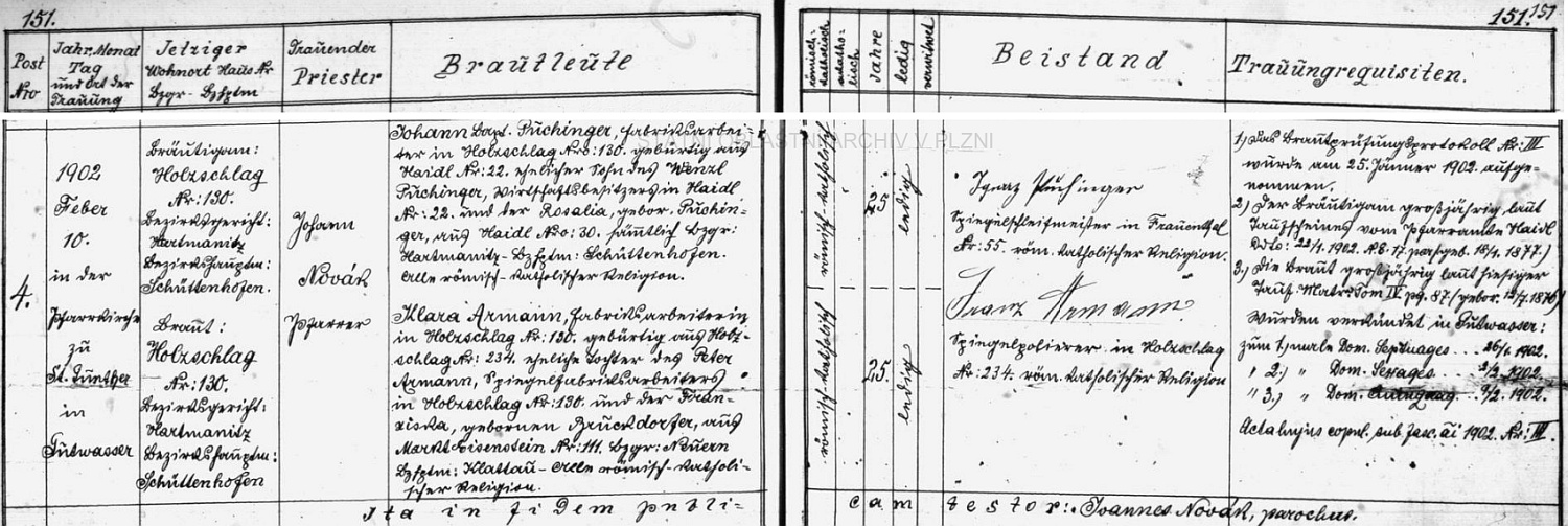 Puchingerů bylo v zaniklém dnes zcela Zhůří pod Javornou a v okolí tolik, že když si v roce 1902 tovární dělník Johann Baptist Puchinger bral podle
oddací matriky farní obce Dobrá Voda u Hartmanic Klaru Armannovou z rovněž dnes zcela zaniklé Paseky (Holzschlag), uvádí záznam nejen jako jeho rodiče Wenzla Puchingera ze Zhůří pod Javornou čp. 22 a Rosalii, roz. Puchingerovou ze Zhůří pod Javornou čp. 20, nýbrž jako jednoho ze svatebních svědků tu vidíme podepsaného Ignaze Puchingera, mistra brusiče zrcadel z také zcela zaniklé osady Frauenthal čp. 55