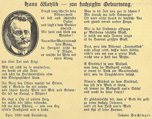 Báseň k padesátinám Hanse Watzlika ze stránek prosincového čísla českobudějovického časopisu "Waldheimat" z roku 1929 je psána šumavským nářečím a podepsána jménem Johann Puchinger