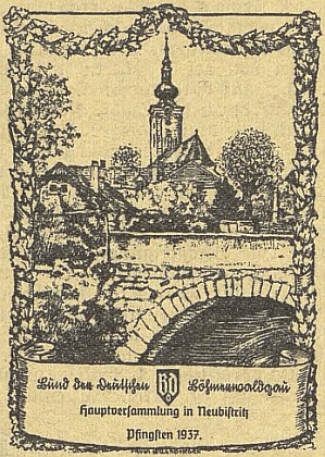 Pozvánka Bund der Deutschen na valnou hromadu "šumavské župy" do Nové Bystřice o svatodušních svátcích 1937