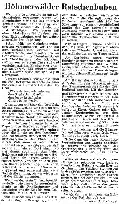 Ve velikonočním čísle Sudetendeutsche Zeitung se roku 1952 objevil jeho článek o šumavských klucích s řehtačkami - byl, jak píše, jedním z nich