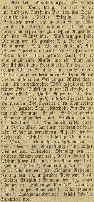 Zprávy z "divadelní kanceláře" v červnu 1920 v českobudějovickém německém listě