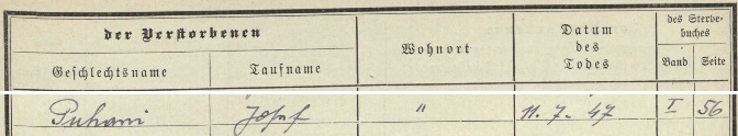 Záznam o jeho skonu v rejstříku úmrtní matriky farní obce Haidmühle